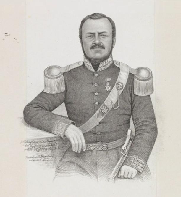 lithografie uit de collectie van het Rijksmuseum Amsterdam: RP-P-1903-A-23120. Een onbekend kapitein artillerie Indisch Leger door Johann Peter Berghaus, 1866.