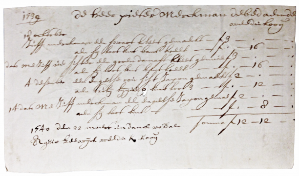 Rekening 1740 van naaister Aghie Zeewijck