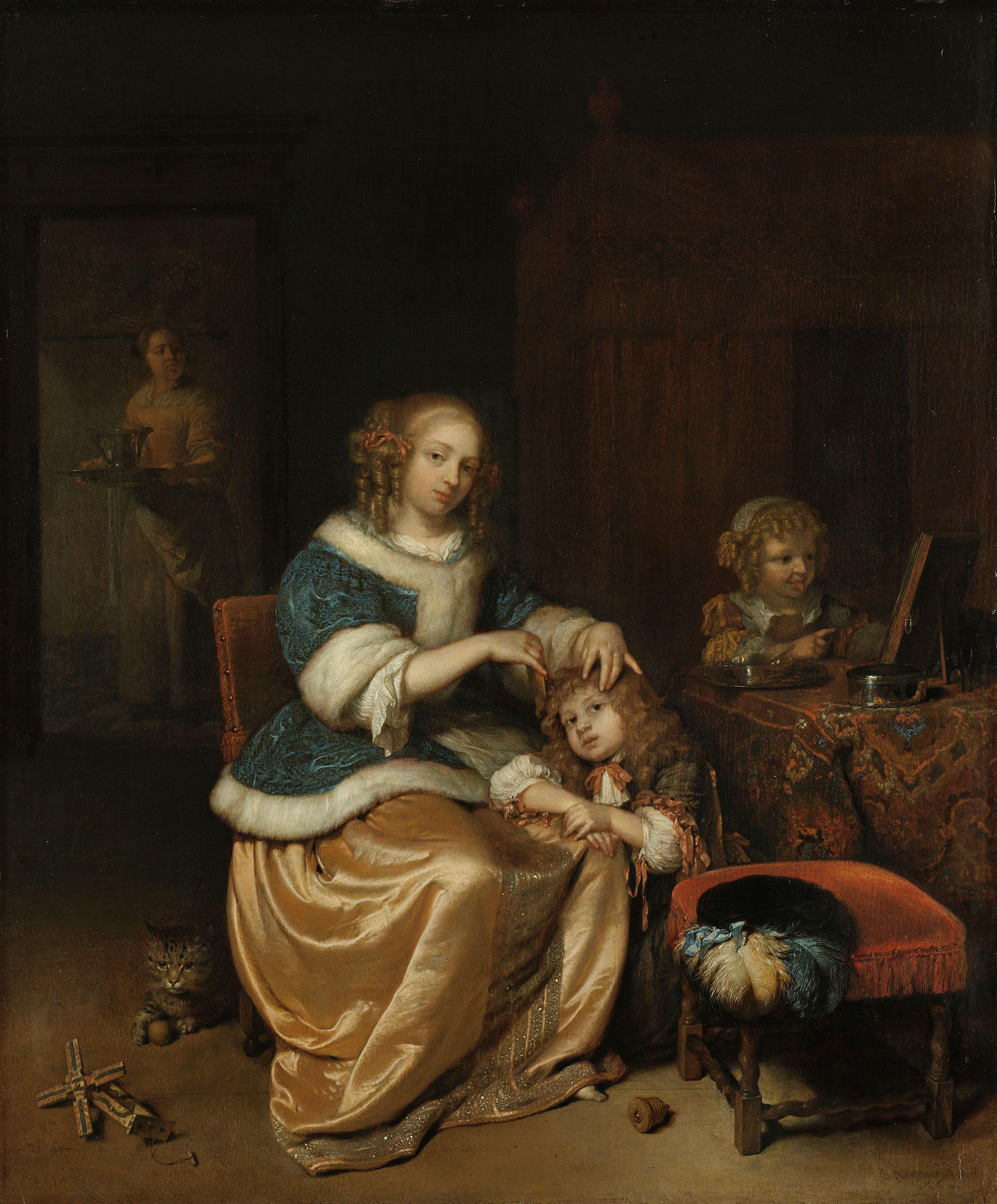 Interieur met een moeder die het haar van haar kind kamt, bekend als ‘Moederzorg’, Caspar Netscher, 1669