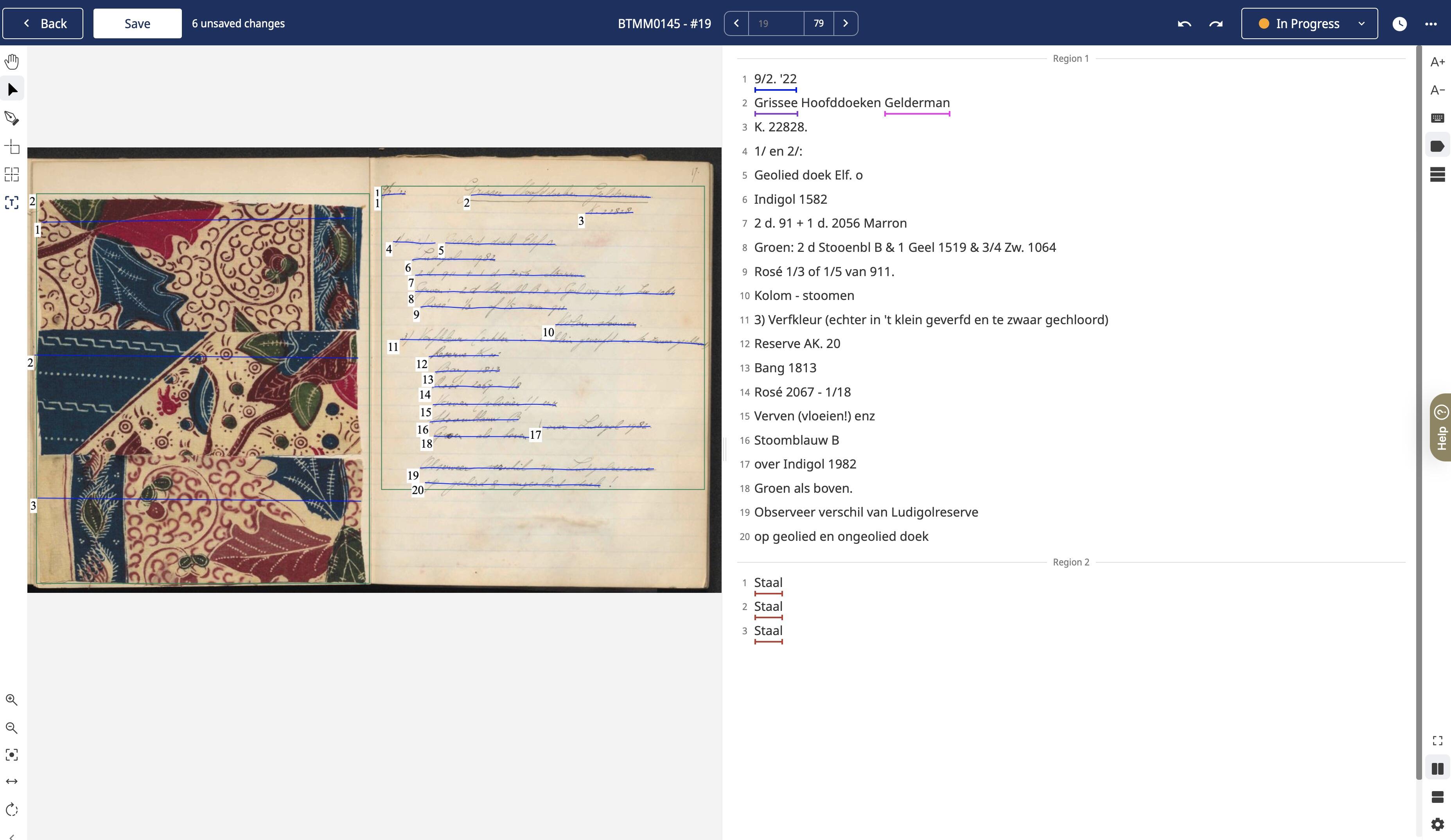 Screenshot van hoe het transcriberen in Transkribus eruit ziet.