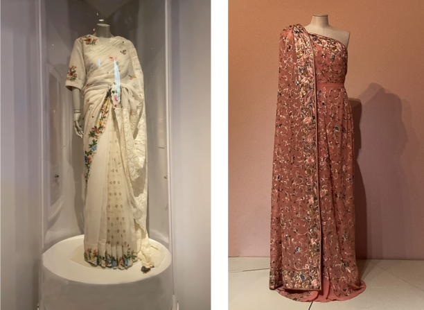 Links: Bollywood sari. Rechts: sari ontworpen door Jan Taminiau, gedragen door Maxima in 2019. Foto's gemaakt in de tentoonstelling Sari Statement. Foto: Maryam Entezami