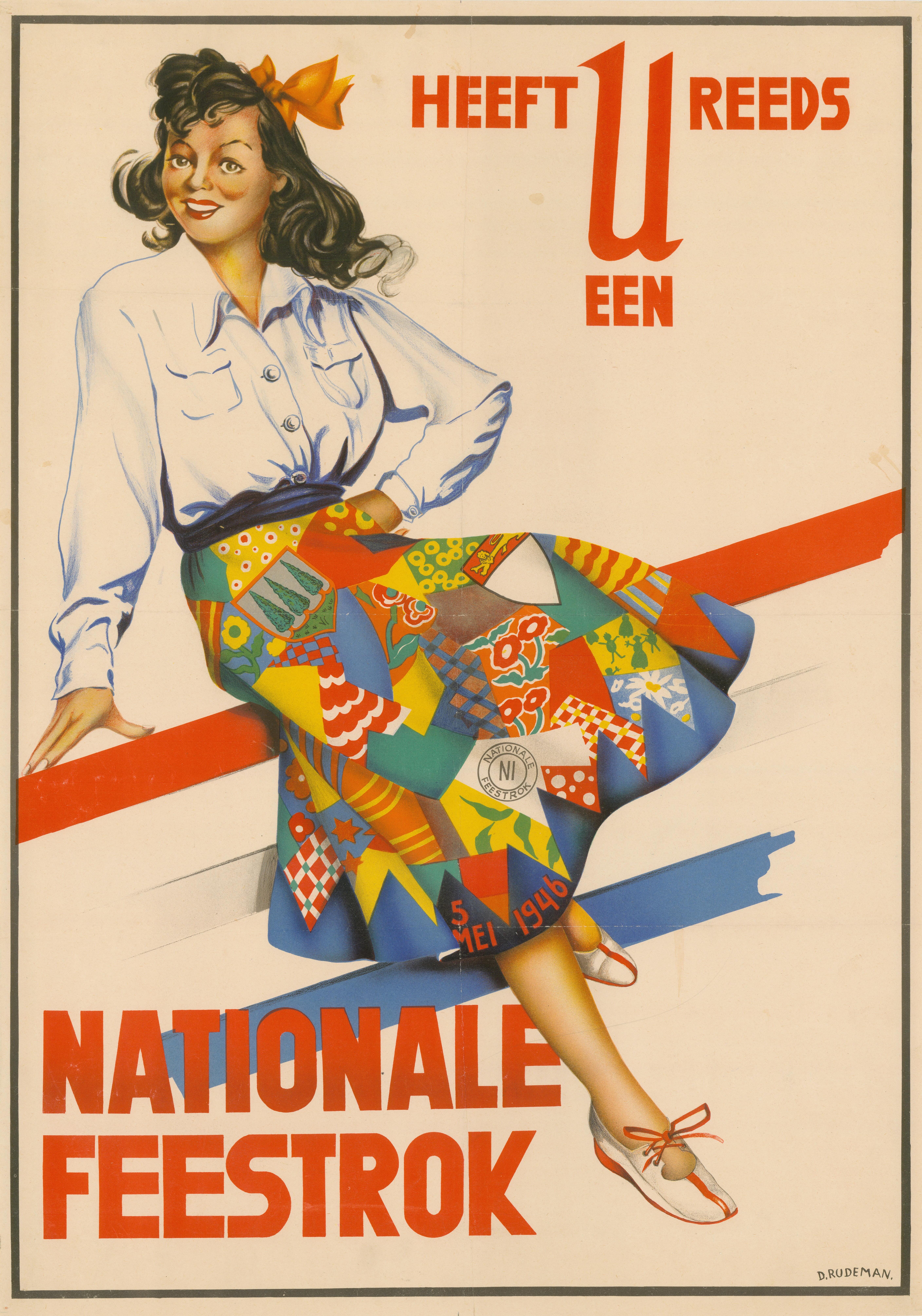 Affiche ontworpen door Dolly Rüdeman, ter gelegenheid van Bevrijdingsdag op 5 mei 1946. Regionaal archief Tilburg