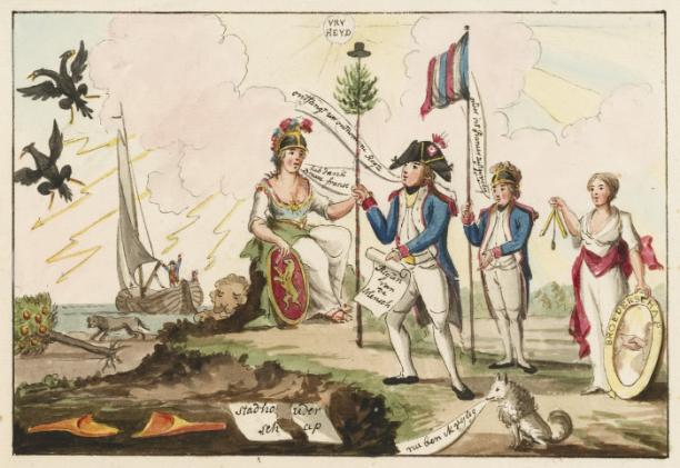 Afb. 4: De Fransman wordt door de Nederlandse maagd bedankt. Op de voorgrond een keeshond als verbeelding van de patriotten. Op de achtergrond de stadhouder die naar Engeland vertrekt, 1795, Atlas van Stolk, Rotterdam