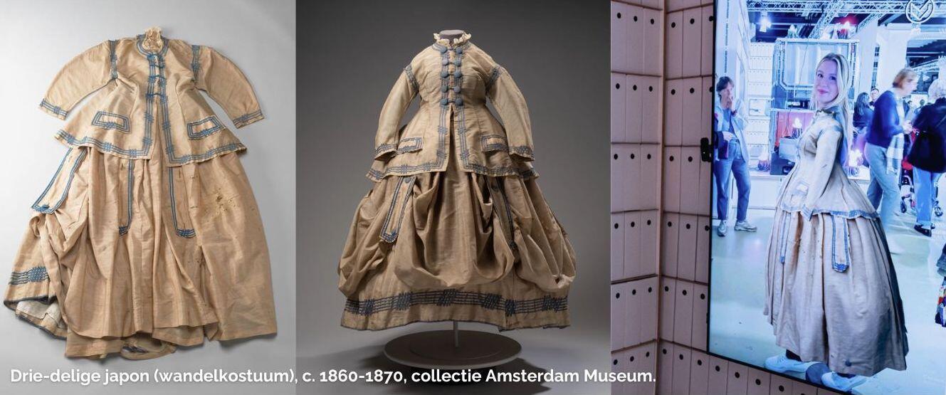 Van links naar rechts: collectiefoto Amstersdam Museum, 360-foto van Cees de Jonge en Monique Vermeulen, Debra Knoop in de digitale passpiegel van Modemuze op DDW 2023.