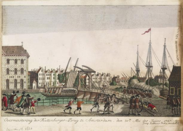 Afb. 2: Onrust bij de Kattenburgerbrug tussen patriotten en orangisten, 1787, Atlas van Stolk, Rotterdam