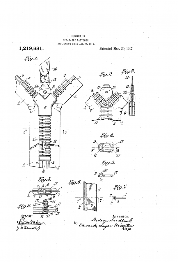 Een patent voor een 'Seperable Fastener' van Gideon Sundback, gepatenteerd in 1917. Bron: Google Patents.