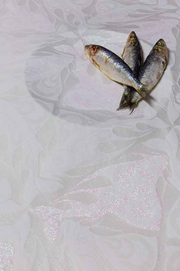 Damastontwerp ‘Visschen’, van Chris Lebeau, uitgevoerd door Studio Perlude en TextielLab, 2017. Foto: Josefina Eikenaar/ TextielMuseum.