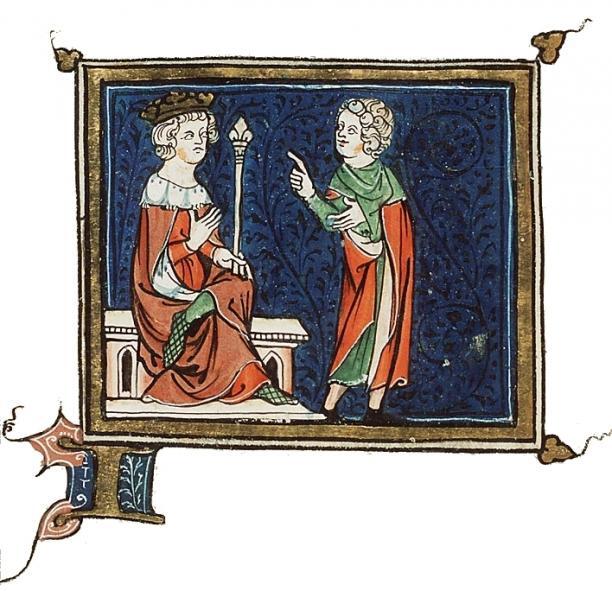 Egyptische farao gekleed als een westerse vorst. Aan zijn voeten draagt hij elegante opengewerkte schoenen met groene kousen. Verluchte letter I door Michiel van der Borch (1332) in de rijmbijbel van Jacob van Maerlant (1271).