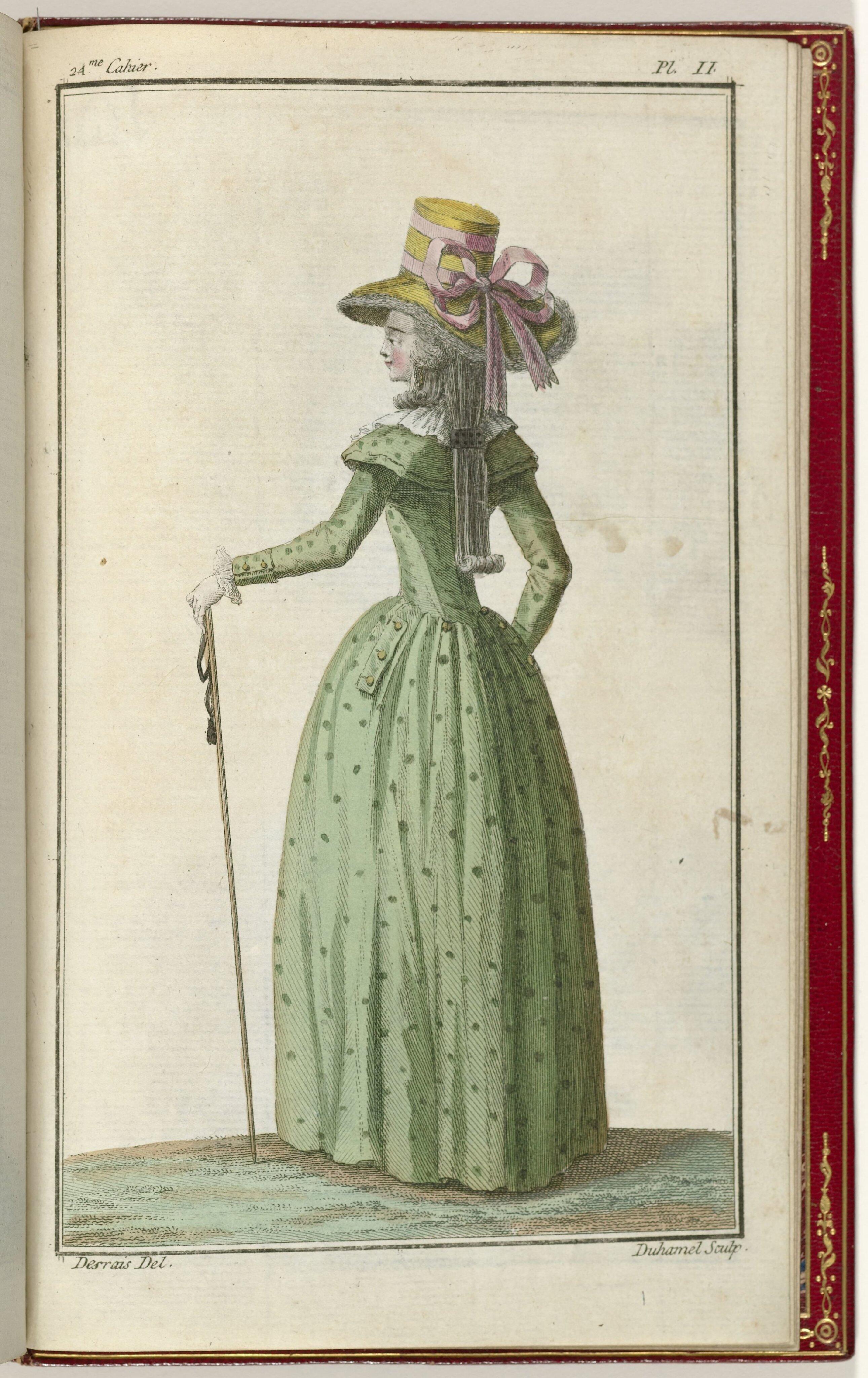 Modeprent waarop een vrouw is afgebeeld met in haar rechterhand een bandine, 1786. Rijksmuseum BI-1959-529-55