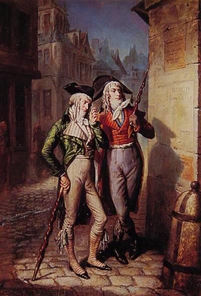 Twee muscadins in 1795 met in hun handen de "pouvoir exécutif".