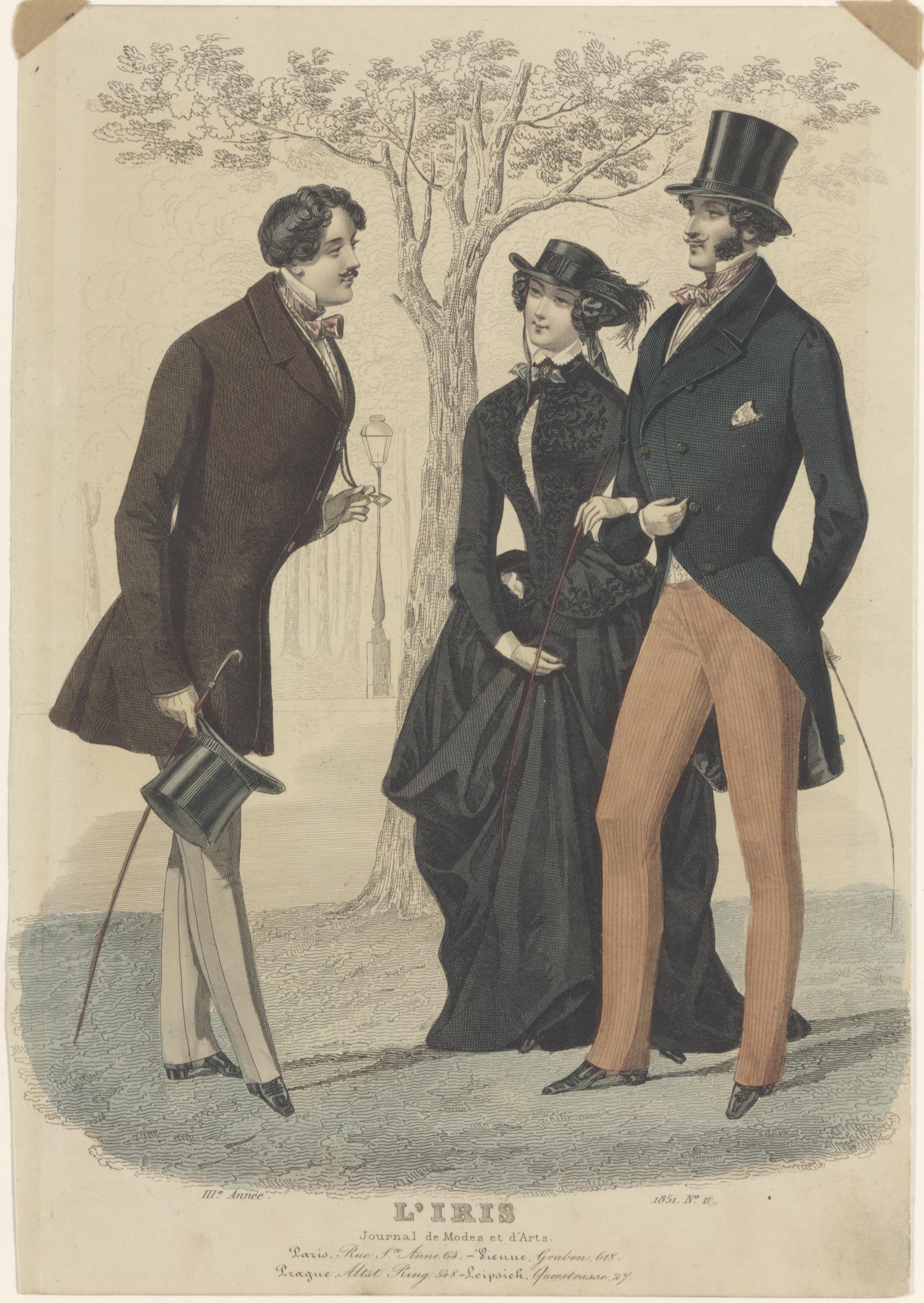 Modeprent uit L'Iris waarop de linkerman een wandelstok in zijn rechterhand heeft, 1851. Centraal museum 19595.