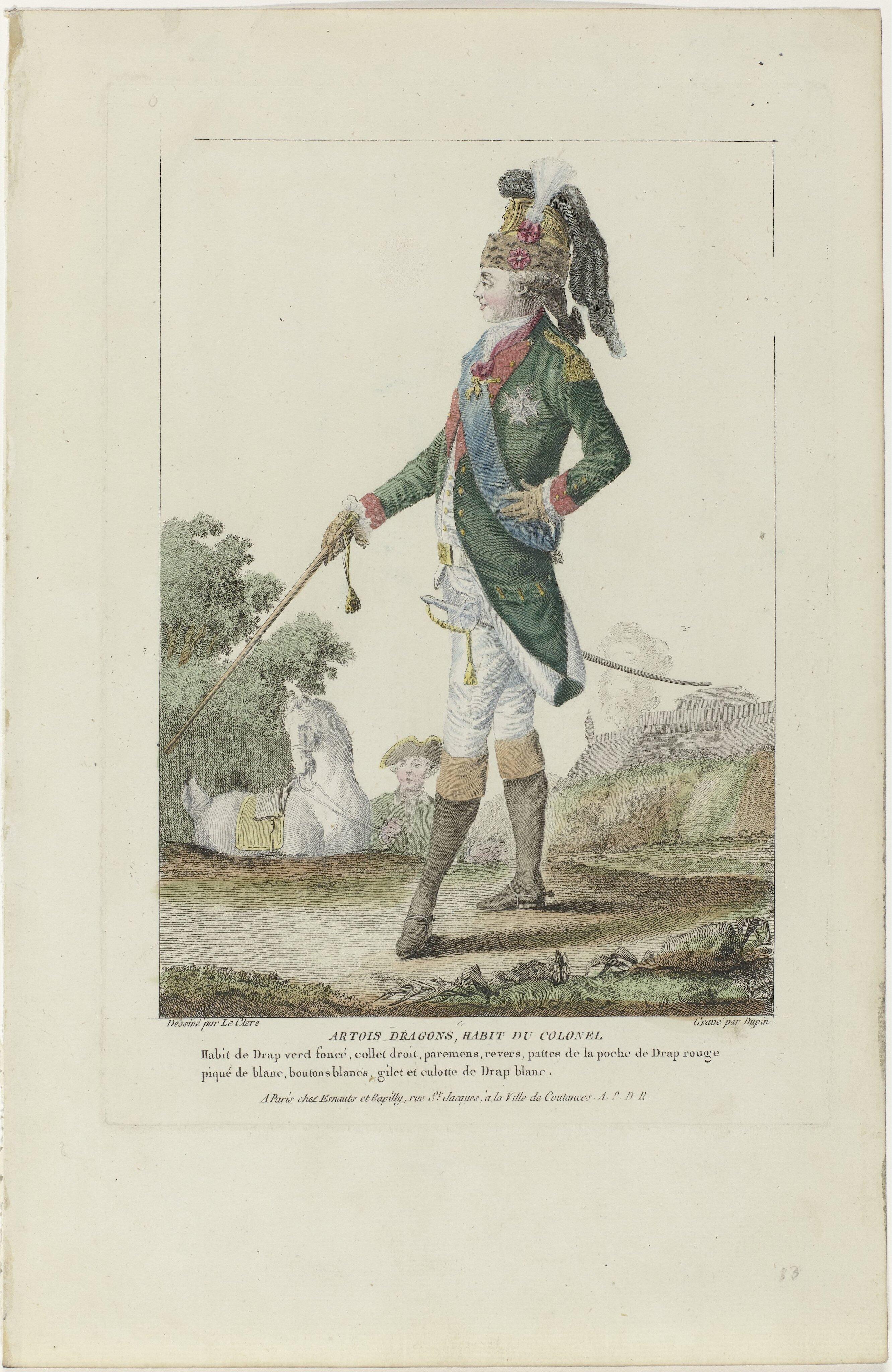 Prent uit 1778 waarop een kolonel uit de Franse cavalerie staat afgebeeld met aan zijn zijde een sabel en in zijn rechterhand een wandelstok. Rijksmuseum RP-P-2009-1155