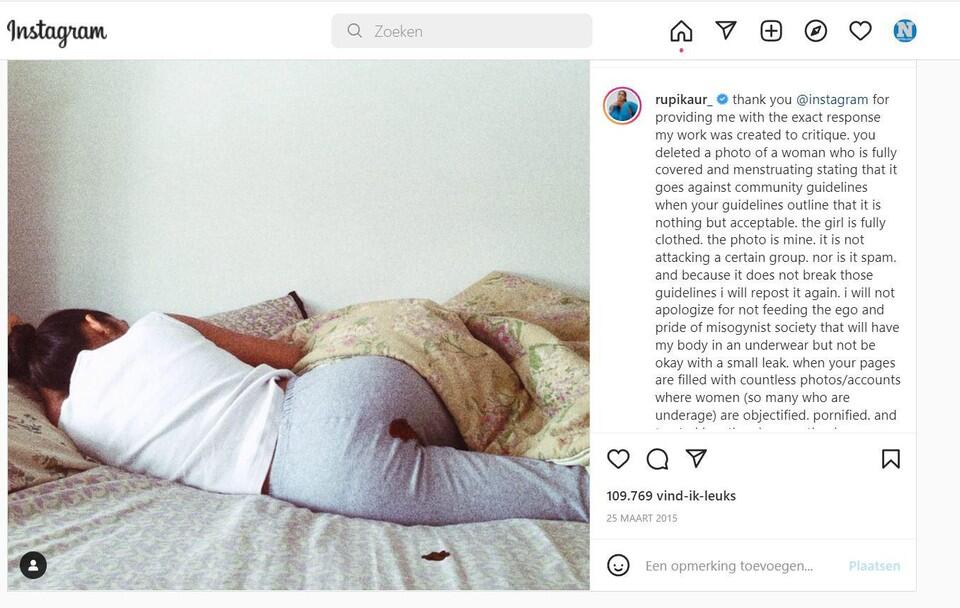 De Instagrampost van Canadese kunstenares Rupi Kaur werd gecensureerd door Instagram, de fotoserie was bedoeld als menstruatiestatement en leidde tot veel ophef, 2015. Foto: Het Nieuwsblad.