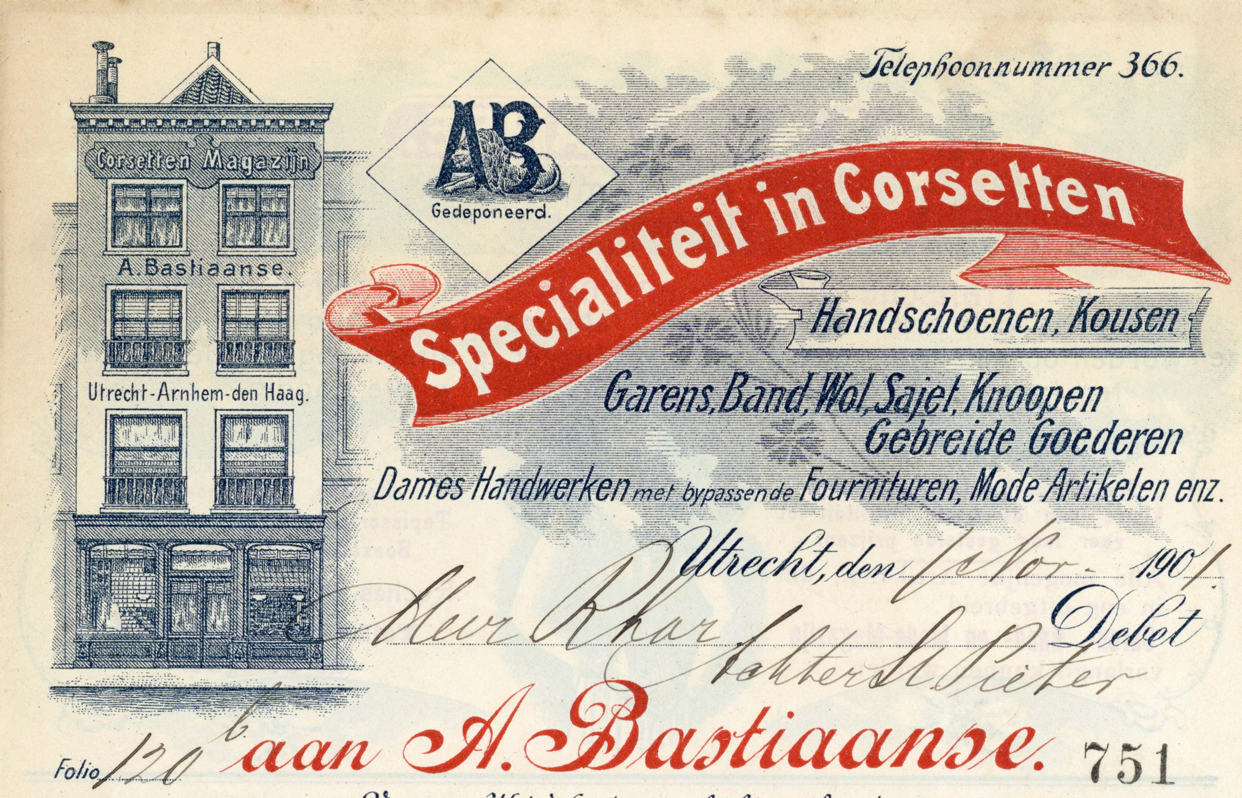 Kop van een nota van ‘Corsetten Magazijn A. Bastiaanse met een litho van het winkelpand. (Nr. 710430)