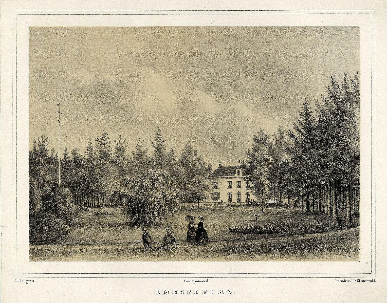Gezicht op het huis Dijnselburg te Zeist met het bijbehorende park, prent naar een tekening van P.J. Lutgers uit ca. 1868, collectie Het Utrechts Archief, beeld Wikimedia Commons