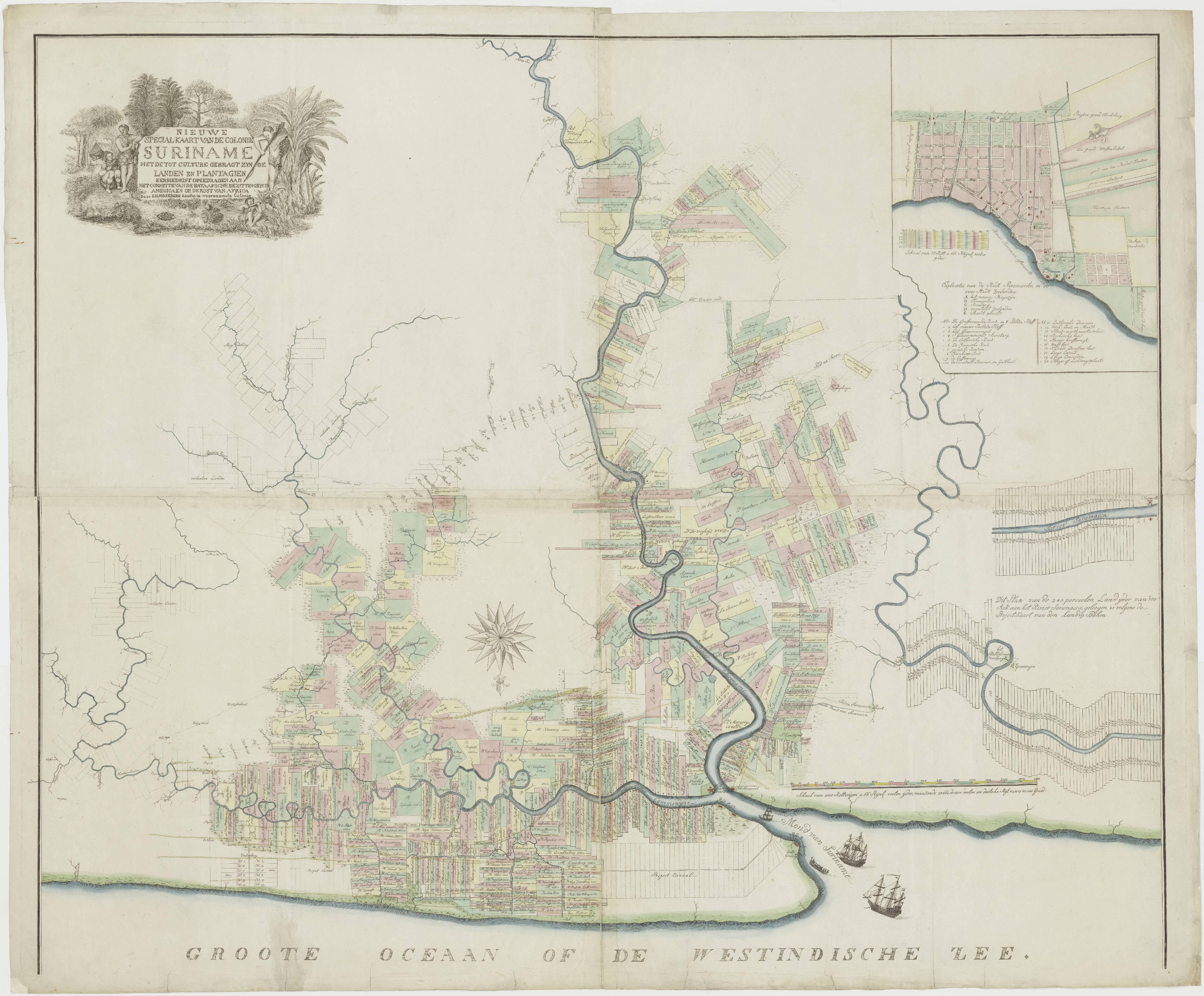 Kaart van Suriname met daarop aangegeven de plantages. J.H. Moseberg, Nieuwe speciaal kaart van de Colonie Suriname met de tot de cultuure gebragd zynde Landen en Plantagien, 1801, beeld Nationaal Archief