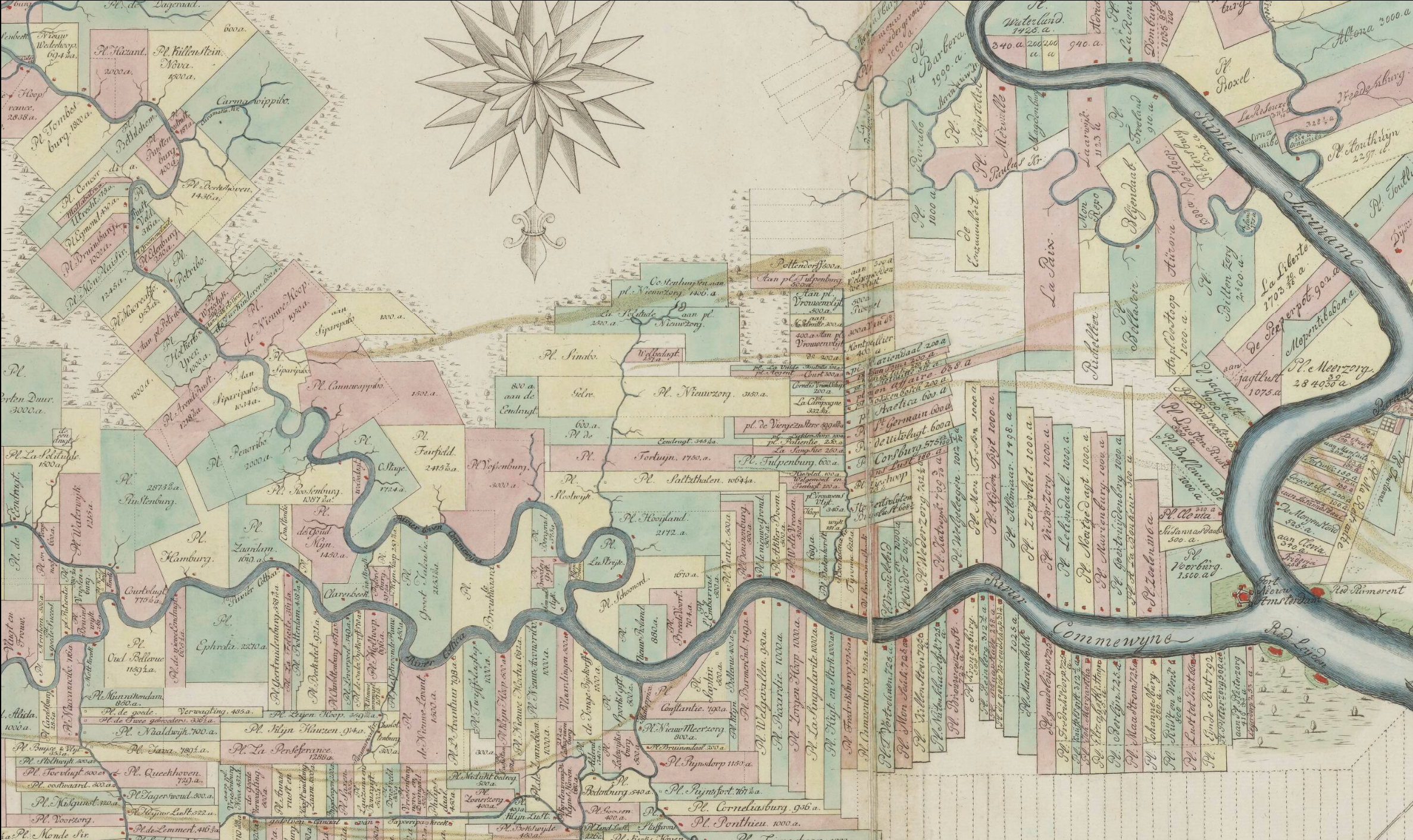 Detail kaart met plantages Tombesburg (linksboven), La Singularité (midden onder), en Ma Retraite (midden rechts)