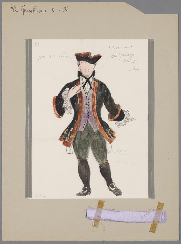 Kostuumontwerp voor Peter van Zon als Renato Des Grieux in Manon Lescaut (Giacomo Puccini) door Karel Bruckman