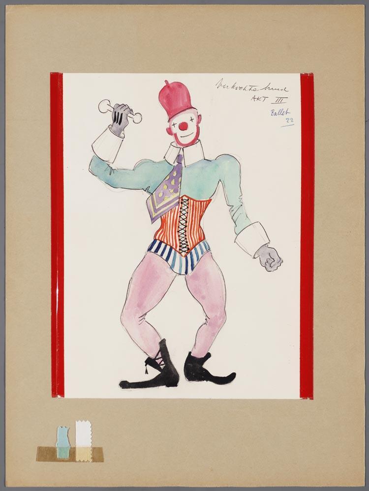 Kostuumontwerp voor een clown in De verkochte bruid (F. Smetana) door Karel Bruckman