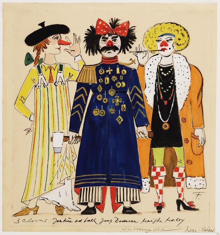 Kostuumontwerpen voor Joekie van der Valk, Joop Doderer en Marijke Morley als clowns in het cabaret Rim Ram