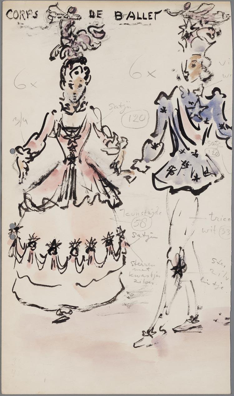 Kostuumontwerp voor een man en een vrouw uit het corps de ballet uit Manon (Jules Massenet) door Gerard Hordijk