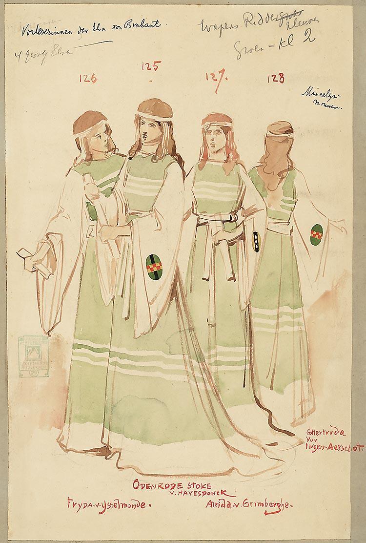 Kostuumontwerp voor Fryda von Ysselmonde, Odenrode Stoke von Havesdonck, Alrida von Grimberghe en Ghertruda von Ingen-Aerschot: de Vorrlezeressen van Elsa von Brabant in Lohengrin