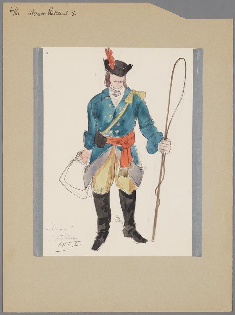 Kostuumontwerp voor de postillon (?) Manon Lescaut (Giacomo Puccini) door Karel Bruckman