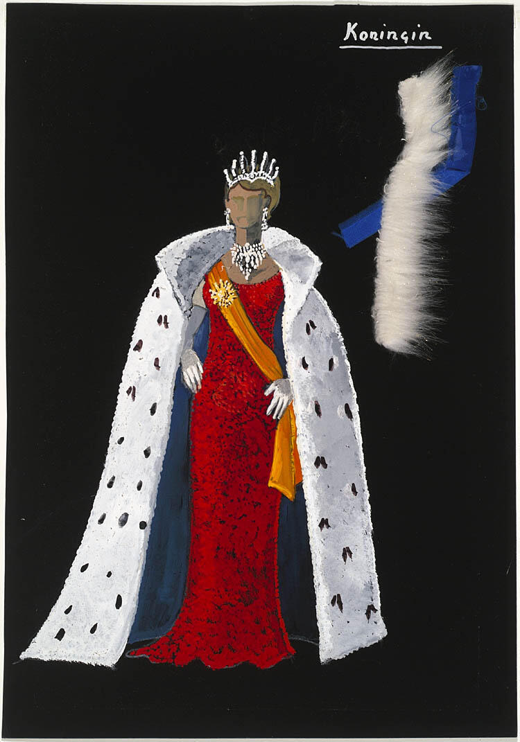 Kostuumontwerp voor Elisabeth Andersen als de Koningin in Het Balkon