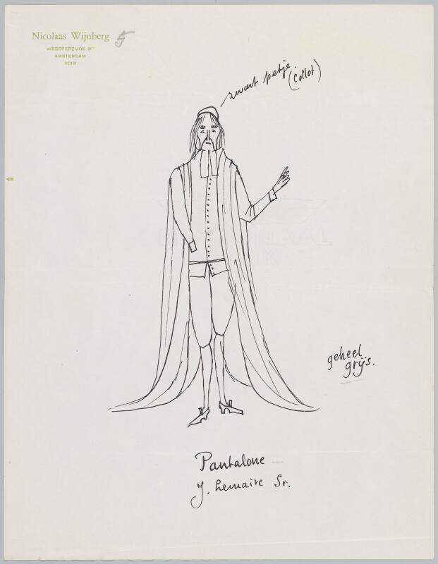 Kostuumontwerp voor Jan Lemaire sr. als Pantalone in Wie trouwt de weduwe?