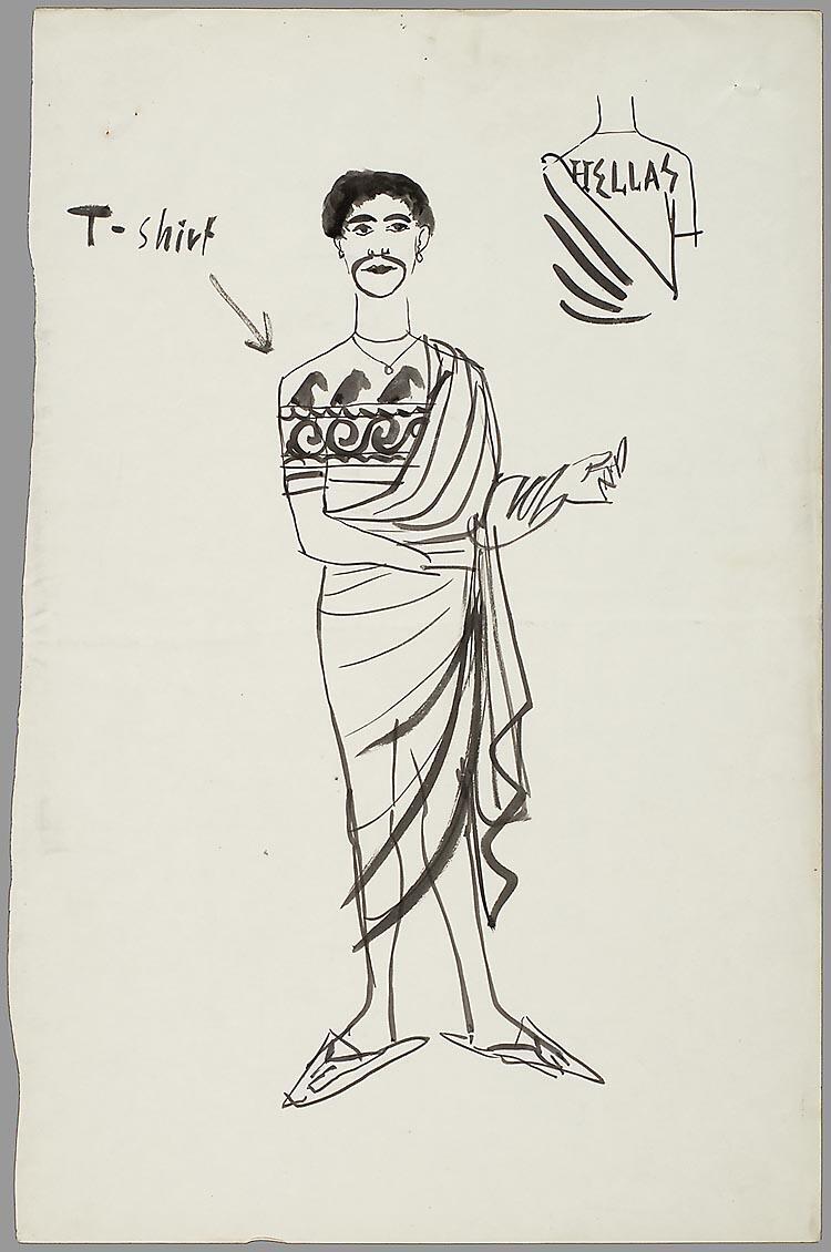 Kostuumontwerp voor André van den Heuvel als Xenocles in Lysistrata; of De vrouwenstaking