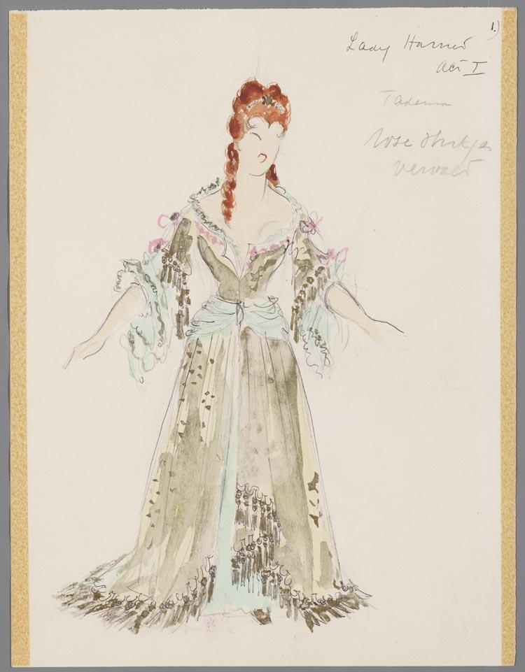 Kostuumontwerp voor Dini Tadema als Lady Harriet Durham in Martha door Karel Bruckman