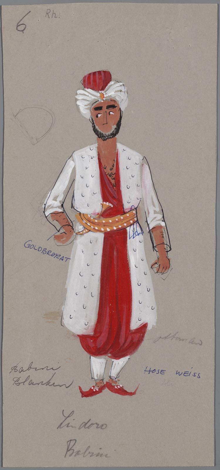 Kostuumontwerp voor Ettore Babinin als Lindoro in l' Italiana in Algeri (Gioacchino Rossini) door Jan Schlubach