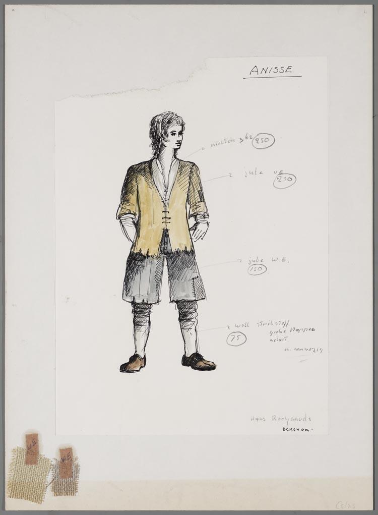 Kostuumontwerp voor Anisse (Hans Royaards) in Colas Breugnon of God in Frankrijk (Pavel Kohout) door De Haagse Comedie