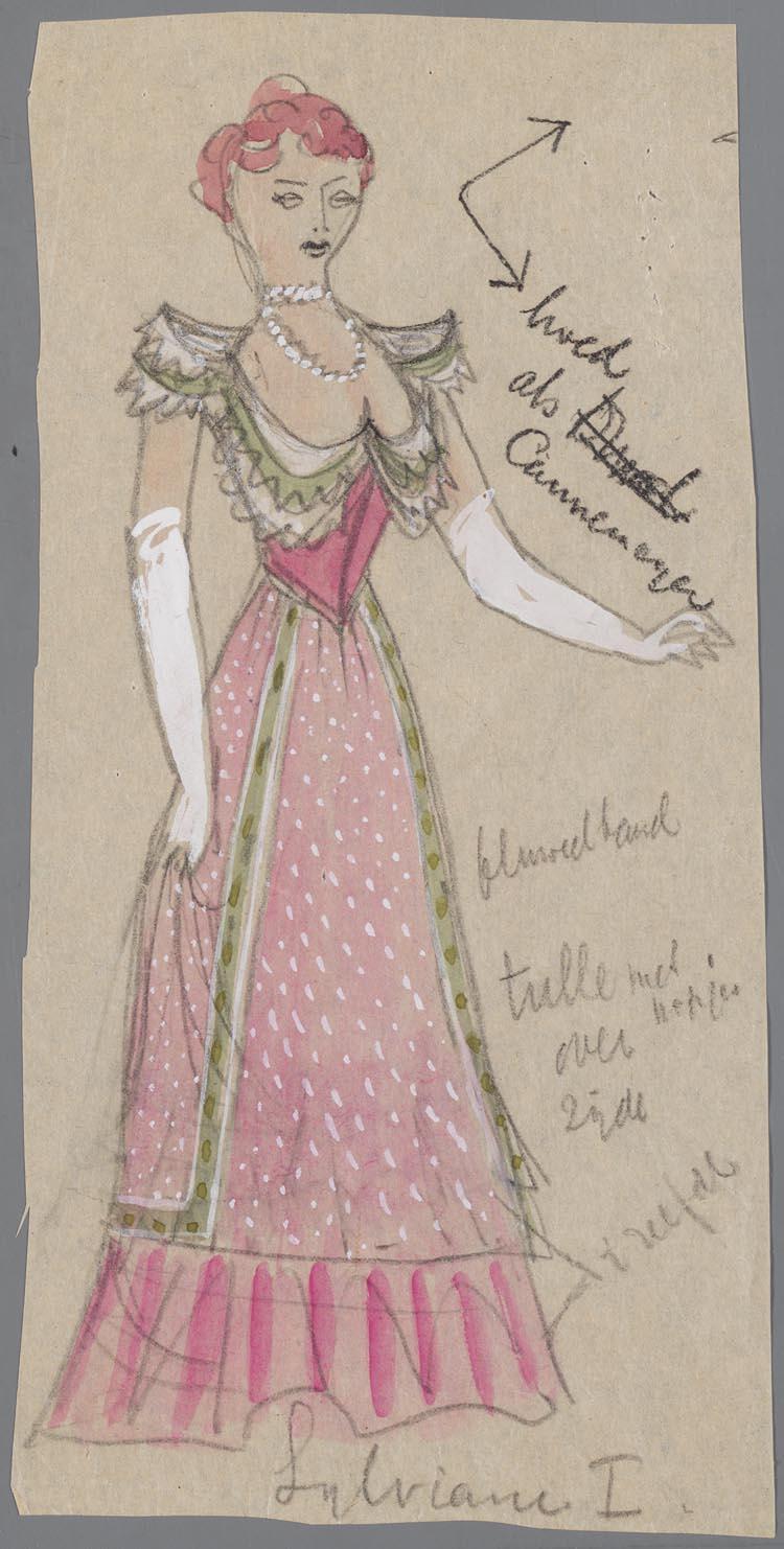 Kostuumontwerp voor Freda Nilsson als Sylviane in Die Lustige Witwe (Franz Léhar) door Theo Kurpershoek