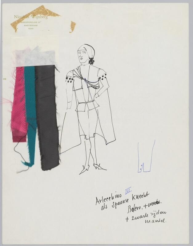 Kostuumontwerp voor Arlecchino vermomd als Spaanse knecht uit Wie trouwt de weduwe?