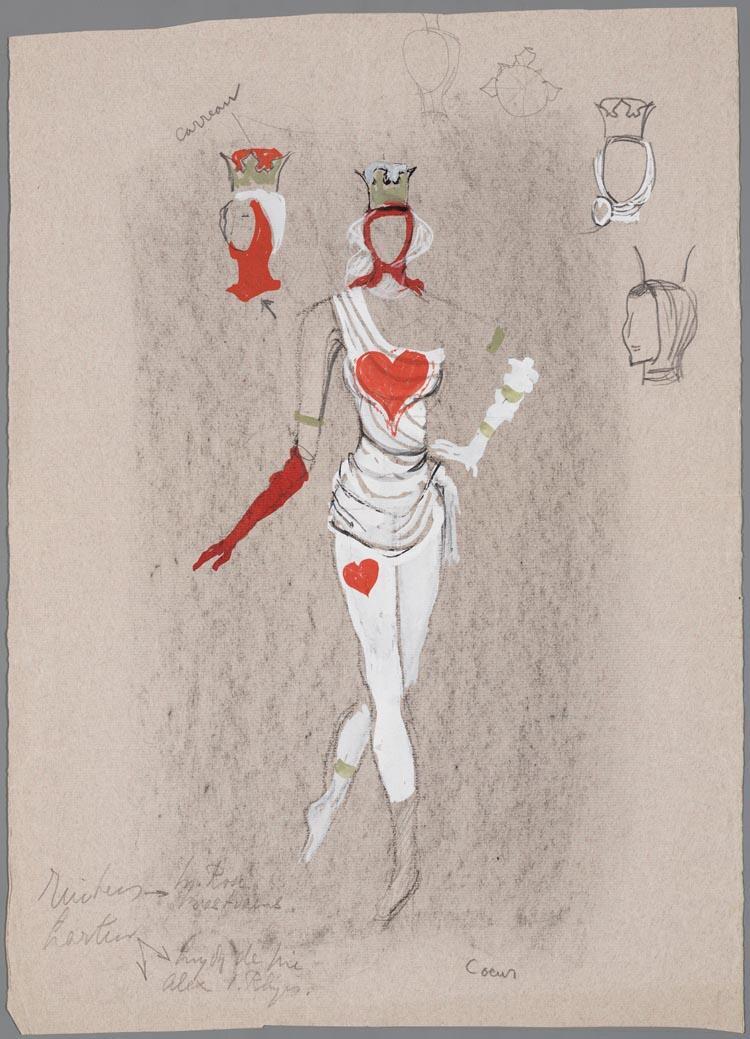 Kostuumontwerp voor Hartenvrouw in Jeu de Cartes (Igor Stravinsky) door Henk de Vos