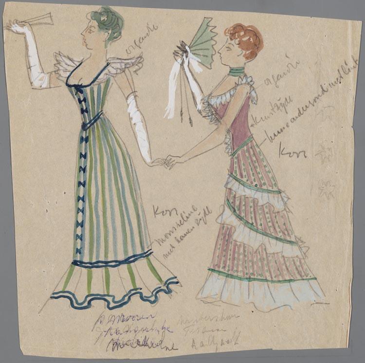 Kostuumontwerp voor twee vrouwen in Die Lustige Witwe (Franz Léhar) door Theo Kurpershoek