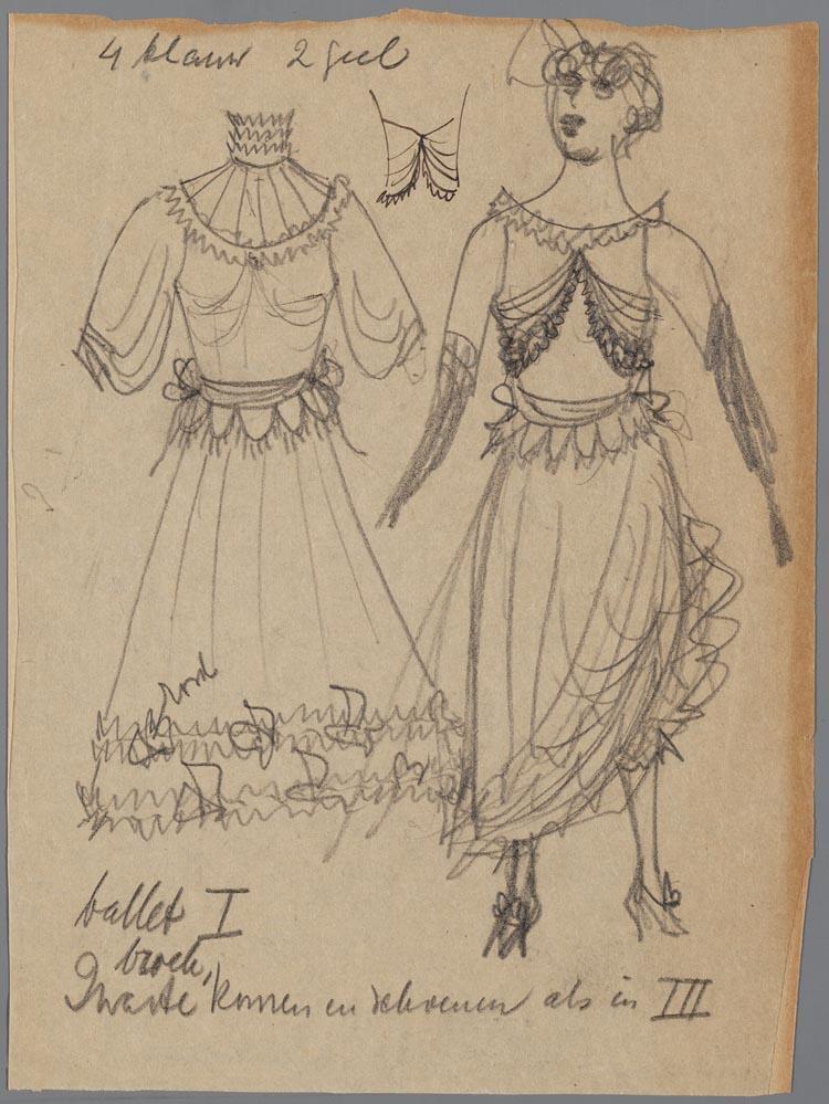 Kostuumschets voor de vrouwen van het ballet in Die Lustige Witwe (Franz Léhar) door Theo Kurpershoek