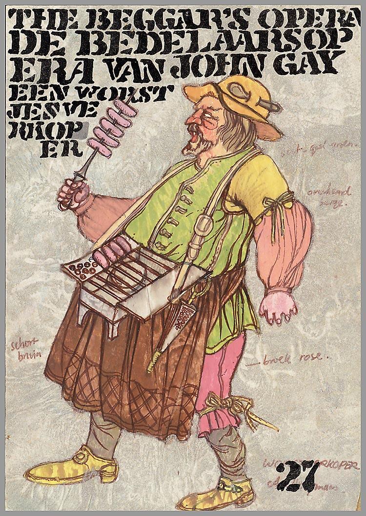 Kostuumontwerp voor een worstjesverkoper uit The Beggar's Opera