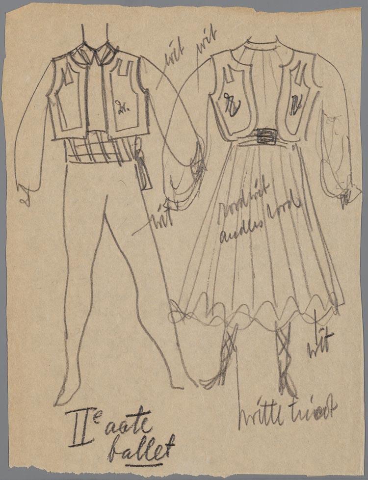 Kostuumschets voor het ballet in Die Lustige Witwe (Franz Léhar) door Theo Kurpershoek