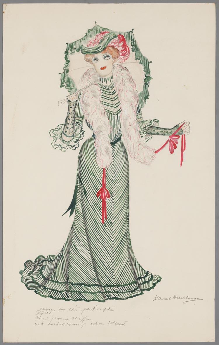 Kostuumontwerp voor Nel Stants als Mrs. Warren in Mrs. Warren's Bedrijf (George Bernard Shaw) door Karel Bruckman
