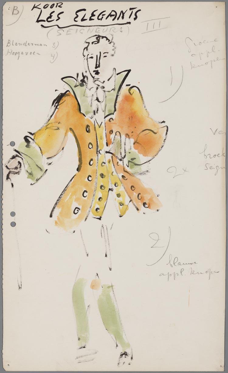 Kostuumontwerp voor een man uit het koor Les Elegants uit Manon (Jules Massenet) door Gerard Hordijk