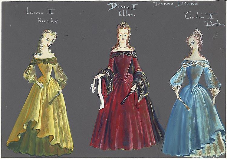 Kostuumontwerpen voor Laura II, Diana II en Cintia II uit Doña Diana