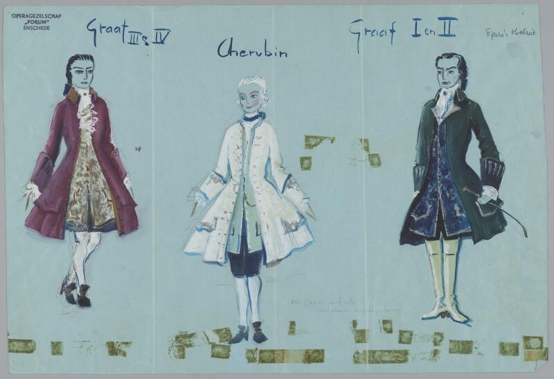Kostuumontwerpen voor Graaf III en IV, Cherubin en Graaf I en II uit Die Hochzeit des Figaro