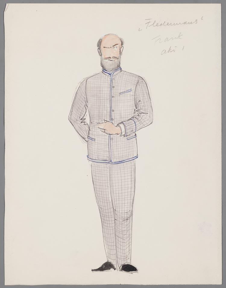 Kostuumontwerp voor Gerda Averink (?) als Frank in Die Fledermaus door Karel Bruckman