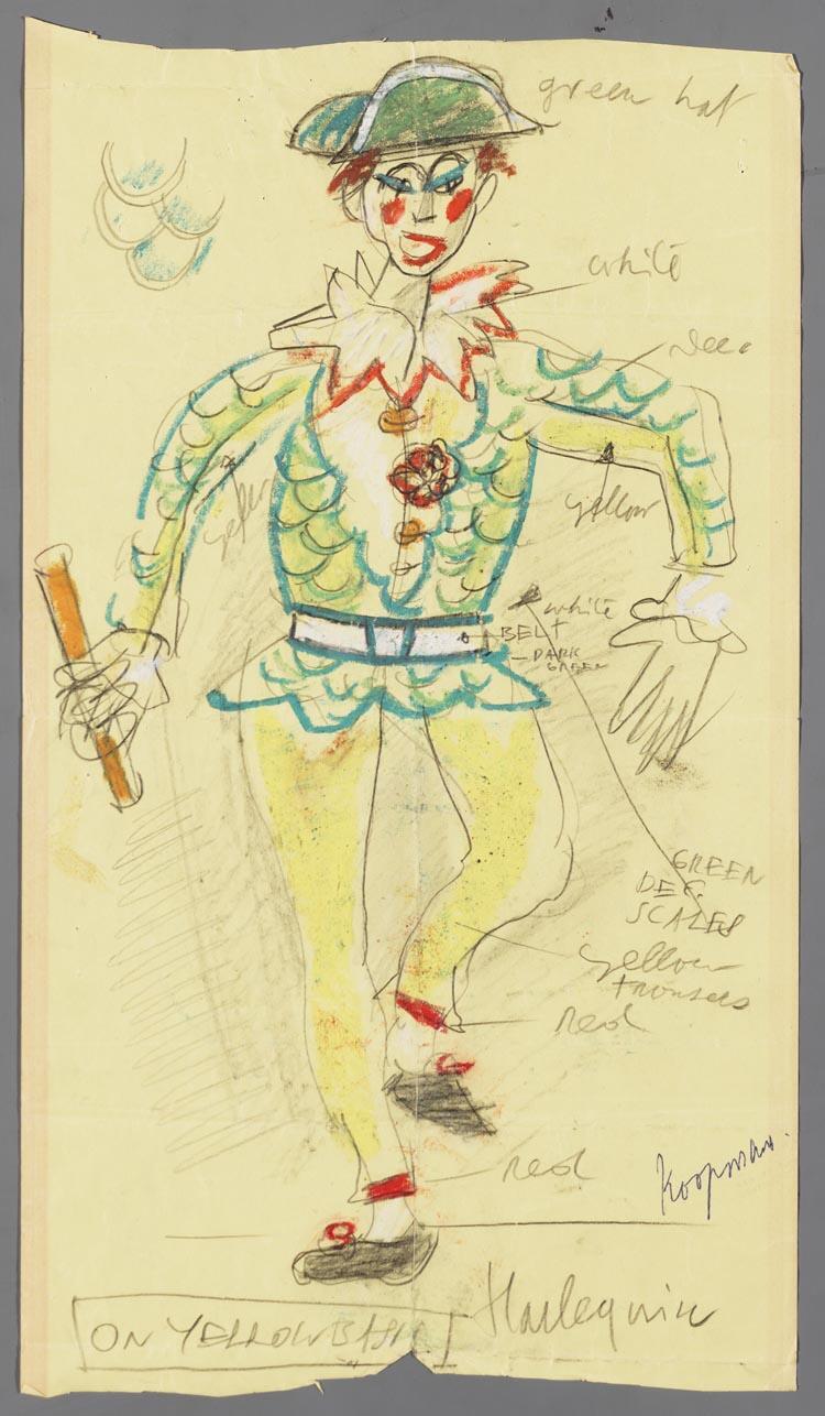 Kostuumontwerp voor een harlekijn in I Pagliacci (Leoncavallo Ruggiero) door Joseph Carl