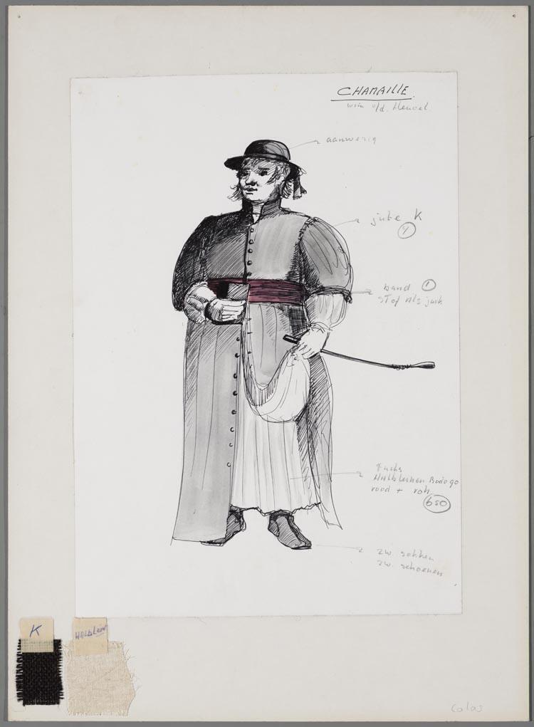 Kostuumontwerp voor Chamaille (Wim van den Heuvel)  in Colas Breugnon of God in Frankrijk (Pavel Kohout) door De Haagse Comedie