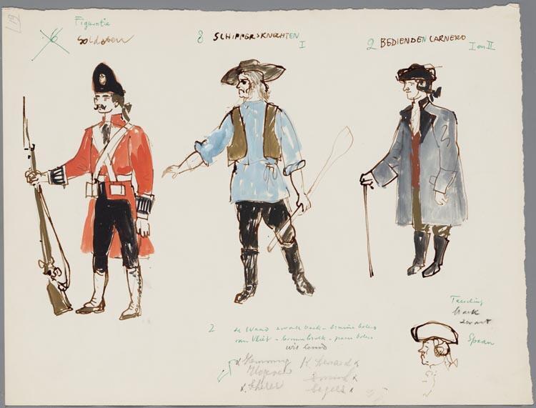 Kostuumontwerp voor de soldaten, de schippersknechten en de bedienden van Carnero uit De Zigeunerbaron (Johann Strauss)