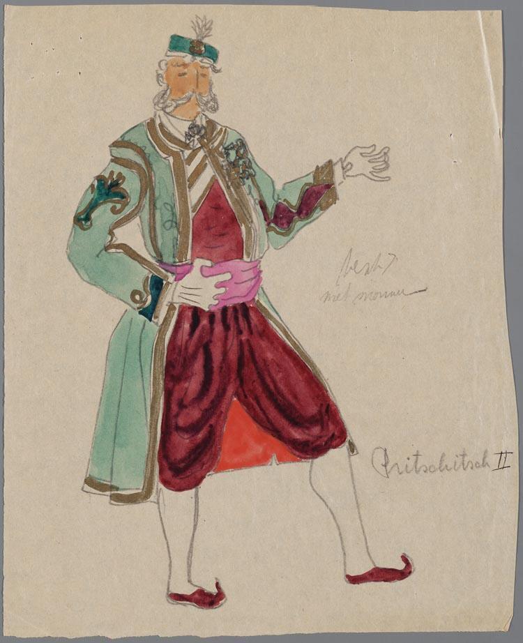 Kostuumontwerp voor Daan van Teeseling als Pritschitsch in Die Lustige Witwe (Franz Léhar) door Theo Kurpershoek