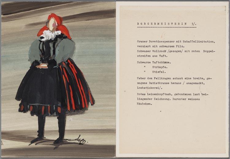 Kostuumontwerp voor Phyllis Lommel als Burgermeisterin in Jenufa (Janacek) door Marcel Pokorny
